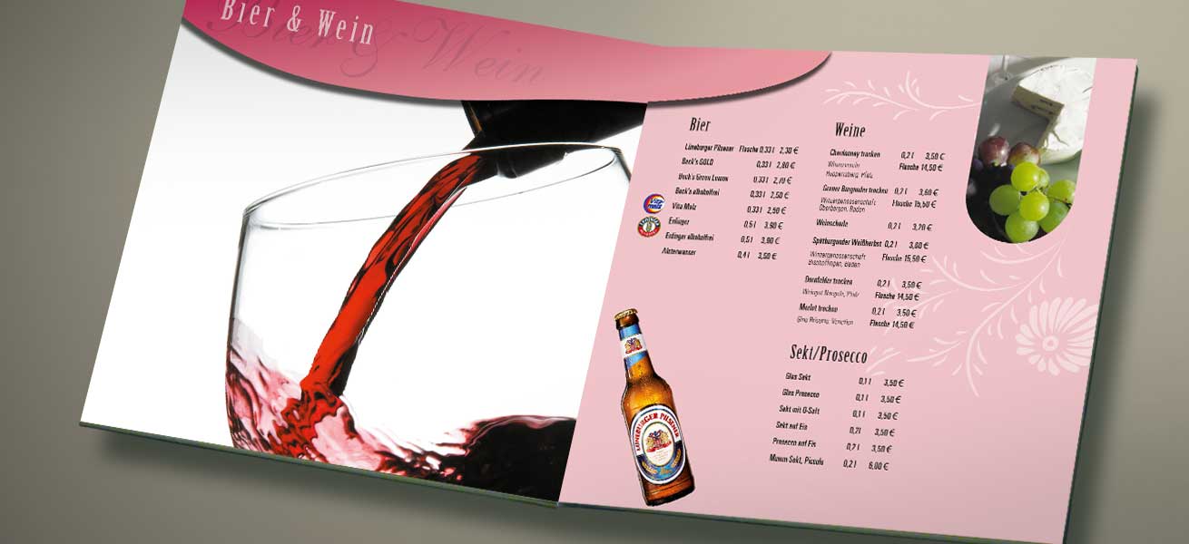 Speisekarte Auswahl Bier und Wein
